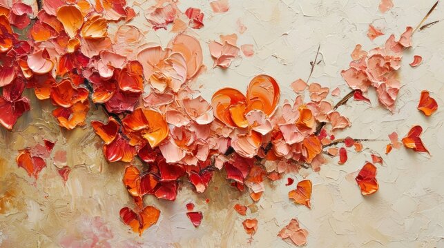  a painting of pink and orange flowers on a white wall with peeling paint on the bottom half of the painting and on the bottom half of the wall is peeling paint.