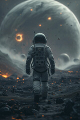 
In the foreground is a tiny astronaut standing on a bumpy ground, staring at the distant planet in a gray and black color scheme, high contrast, illuminated by bright lights，atmospheric lighting, rak