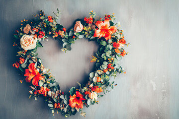 Valentine wreath on a wooden background