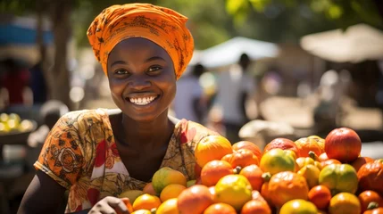 Fotobehang Cultivating Community: A Zambian Woman Engaged in the Vital Business of Selling Fresh Produce at a Bustling Market - A Snapshot of Urban Agriculture and Livelihood.   © Mr. Bolota