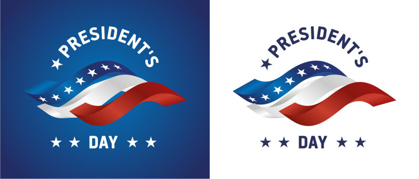 USA Presidents Day logo. USA flag. USA abstract wavy flag colors and symbols emblem on blue and white background