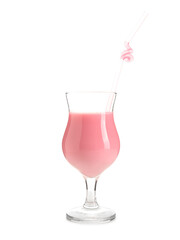 Glass of tasty pink cocktail with straw on white background. Valentine's Day celebration