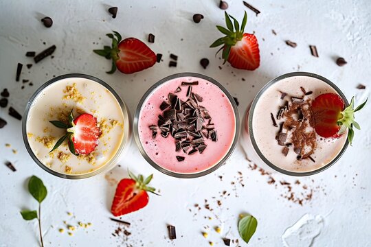 Aerial image of milkshakes in strawberry vanilla and chocolate flavors on white background