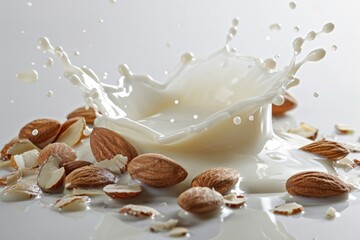Almond milk and almonds splashing on a white backdrop
