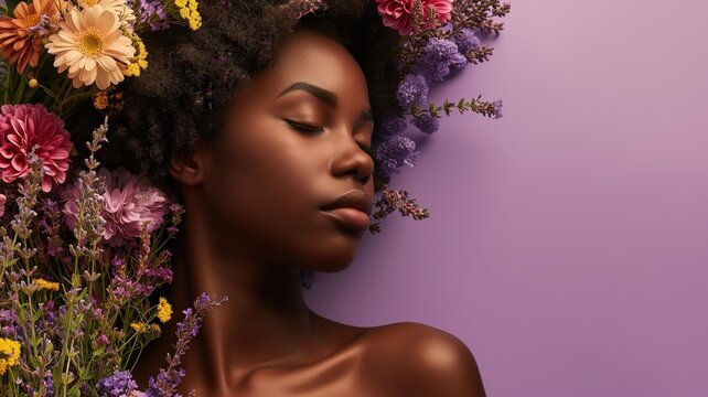 Woman surrounded by flowers, eyes closed in a peaceful expression