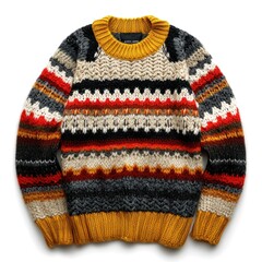 Embrace the spirit of International Ugly Sweater Day with this chunky knit sweater in bold stripes and warm colors, blending comfort with rustic charm.