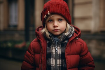 Portrait of a little girl in a red coat on the street