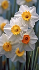 A bunch of white and yellow flowers in a field. White and orange daffodils, spring floral wallpaper