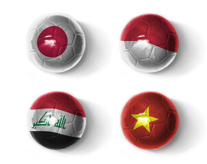 asia group D. realistic football balls with national flags of japan indonesia iraq vietnam ,soccer...