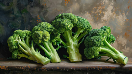 a bunch of green broccoli sitting on top of a wooden table next to a painting of a brown and black wall and a painting of a brown background.