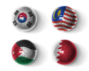 asia group E. realistic football balls with national flags of south korea bahrain malaysia jordan ,soccer teams. on the white background. - obrazy, fototapety, plakaty