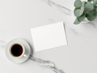White business card mockup on table, top view