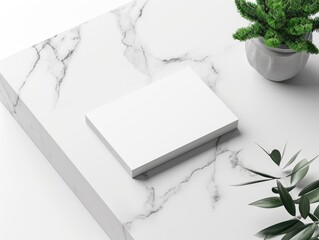 White business card mockup on table, top view