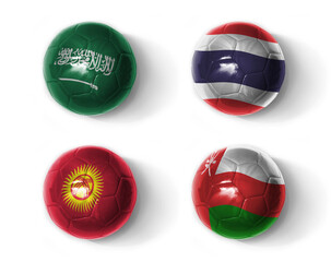 asia group F. realistic football balls with national flags of saudi arabia thailand kyrgyzstan oman ,soccer teams. on the white background.