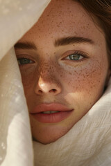 beauty scandinavian nordic pale young woman closeup with natural clean skin thoughtful skincare brand commercial serum treatment wellness spa commercial in magazine editorial look looking at camera