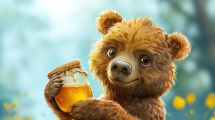  a close up of a teddy bear holding a glass of beer and looking at the camera with a surprised look on his face and a blurry background of yellow flowers. - obrazy, fototapety, plakaty