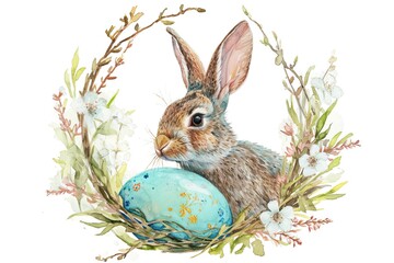 Watercolor rabbit with Easter egg, wreath of spring flowers and willow branches