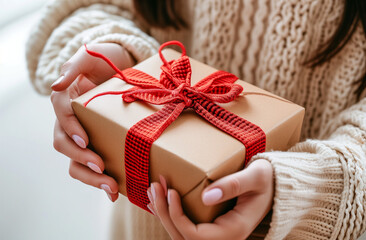 A close-up of a person's hands holding a gift wrapped in brown paper and tied with a textured red ribbon, suggesting a warm and personal gesture of giving.