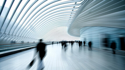 Obraz premium Spacious train or metro station, with motion blurred silhouettes of people in a rush