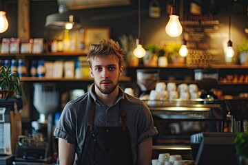 A skilled man in a worn apron, proudly serves glasses of ale to patrons at a lively tavern, framed by the walls of a bustling bar and restaurant