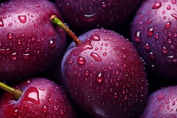 Ripe, delicious plum texture with dew drops. Generative AI