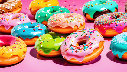 Fototapeta na wymiar Photo illustration of sweet deserts donuts bright color. Present party vibe. Graphic Art