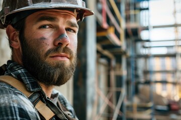 A rugged man with a full beard and mustache stands proudly on a busy city street, his helmet protecting him as he takes in the towering buildings and bustling crowds around him