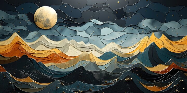 An abstract illustration of undulating mountains in gray, black and beige with the moon in the middle. generative AI