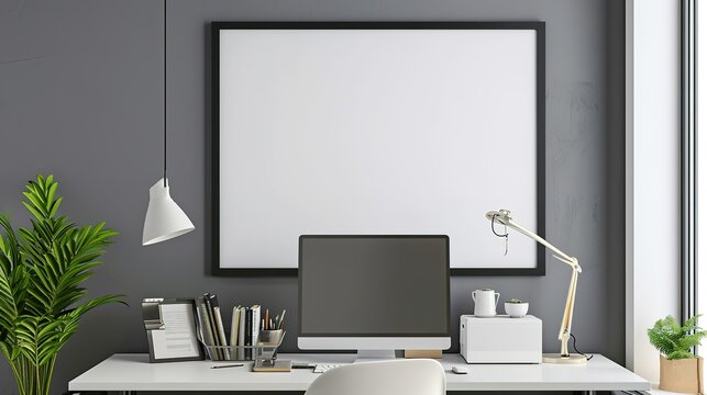 Frame mockup, ISO A paper size. Home Office wall poster mockup. Interior mockup with office background. Modern interior design  