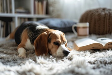 Beagle resting on the laminate floor with a book and cup of hot chocolate near the sheepskin carpet