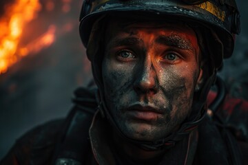 Obraz premium A brave firefighter with determination etched on his painted face, ready to face the flames and protect his community