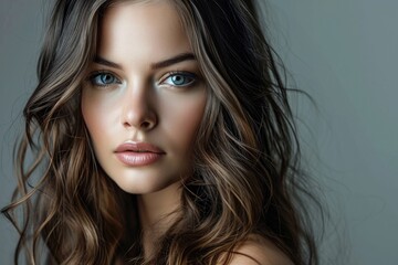Beautiful brunette woman with long wavy hair Copy and paste image - obrazy, fototapety, plakaty