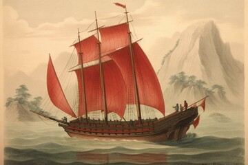 19th century illustration of a sailing ship from China. Generative AI - obrazy, fototapety, plakaty