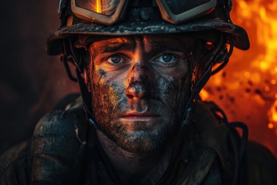 A brave firefighter, his face adorned with paint, stands ready to battle the flames, his helmet a symbol of protection and determination