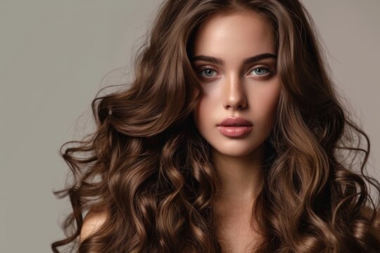 Beautiful model with curly hairstyle and shiny wavy hair