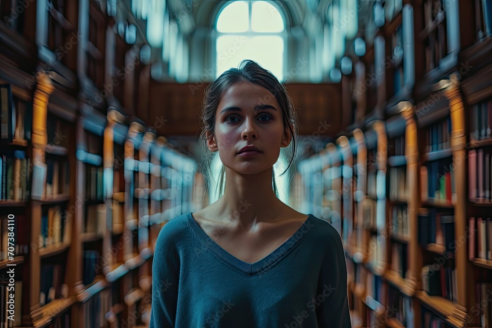 Poster A woman stands in the vast expanse of a public library, her face illuminated by the soft glow of the shelves, surrounded by the knowledge and stories held within the neatly arranged books and bookcas