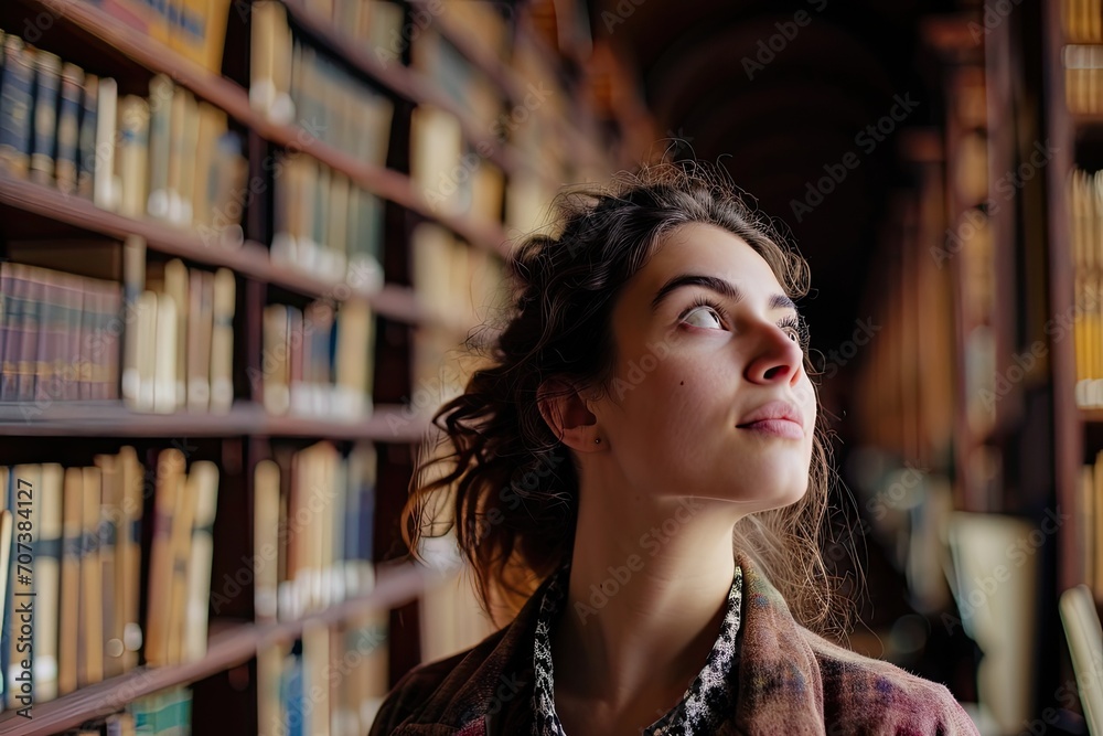 Poster a curious woman immerses herself in the world of knowledge and literature, surrounded by endless row