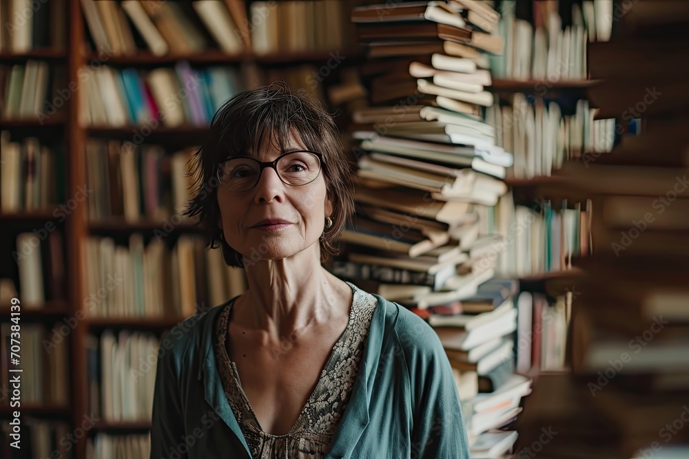 Poster A woman stands confidently before a towering bookcase, her face illuminated by the promise of knowledge and adventure within each publication