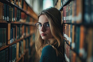 A curious girl finds solace in the comforting embrace of books as she leans against a towering bookcase in the quiet haven of a public library