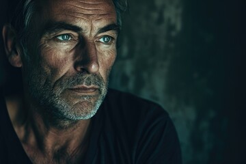A mysterious man with a dark complexion and a rugged face gazes away from the camera, his strong jawline and deep-set wrinkles hinting at a life filled with both hardship and resilience - obrazy, fototapety, plakaty