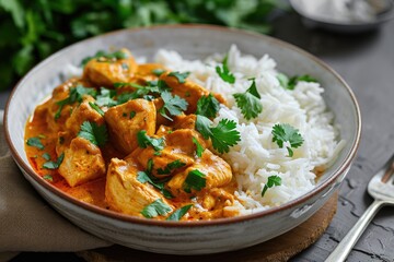 Bowl of chicken curry rice and parsley - obrazy, fototapety, plakaty