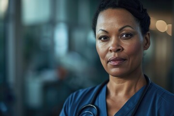 A serious-faced woman in blue scrubs gazes directly at the camera, her defined eyebrows and sharp chin framing her portrait as she wears a stethoscope around her neck and a determined expression on h