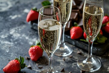 Bubbly champagne in glasses with strawberries - obrazy, fototapety, plakaty
