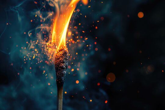 Burning match exploding on black background close up