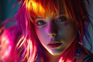 Naklejka na ściany i meble A vibrant girl with fiery red hair and fluttering wings, her anime-inspired face adorned with colorful bangs and long eyelashes, gazes confidently out of the portrait with a cartoon-like charm