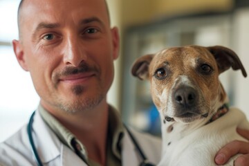 A proud man stands indoors, his dog of a unique breed wearing a collar and posing with a snout pointed towards him, evoking a sense of loyalty and companionship