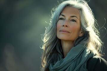 Naklejka premium A weathered woman with wispy grey hair and a warm scarf gazes out into the distance, her strong features and piercing eyes capturing the essence of beauty and resilience