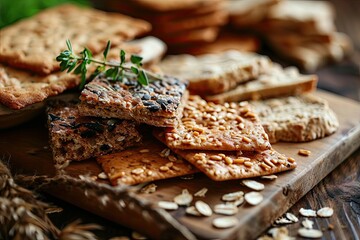 Closeup of delicious organic rusks and crispbreads with various toppings on a wooden board