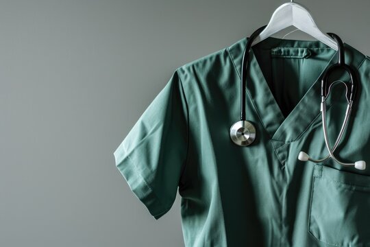 Closeup of a doctor s scrubs and stethoscope on hanger neutral background Green surgical smock on white hanger gray background copy space