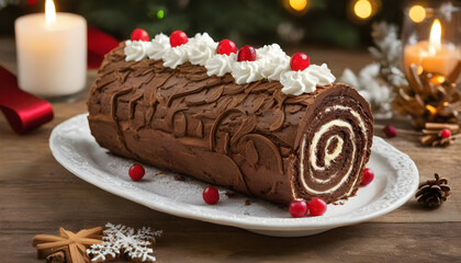 Fototapeta na wymiar Yule log cake, log-shaped festive dessert with cream filling